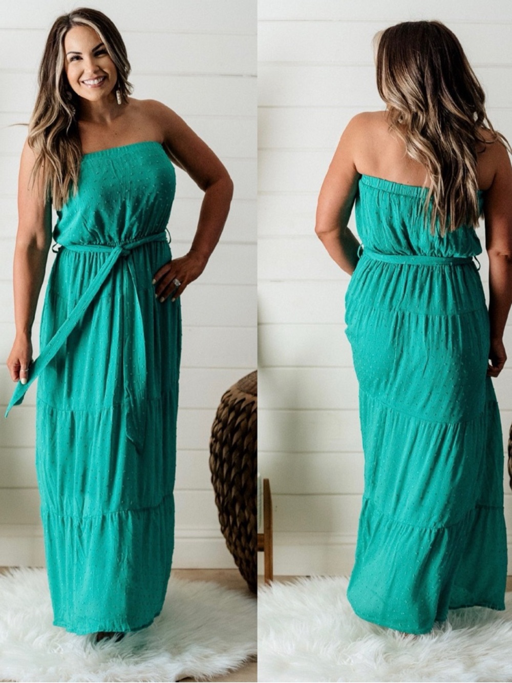 Strapless Teal Green Blue Maxi Dress with Removable Self-Tie Belt